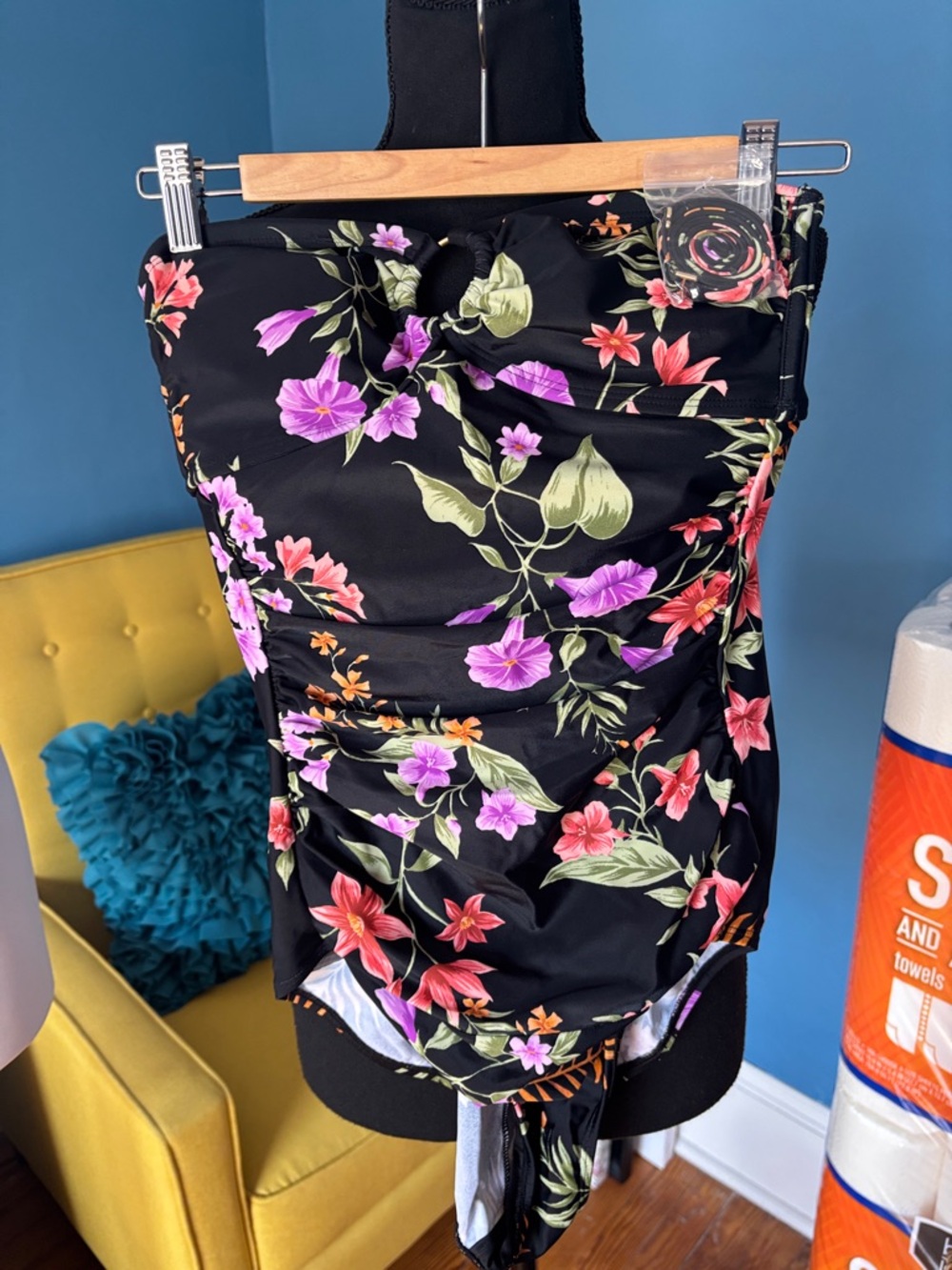 Black Floral One-Piece Swimsuit with Purple & Pink Blooms size medium new